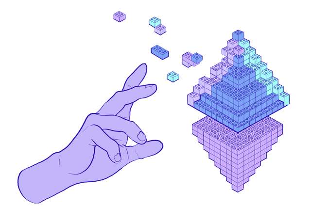 Illustration einer Hand, die ein Ethereum-Logo aus Lego-Steinen aufbaut.