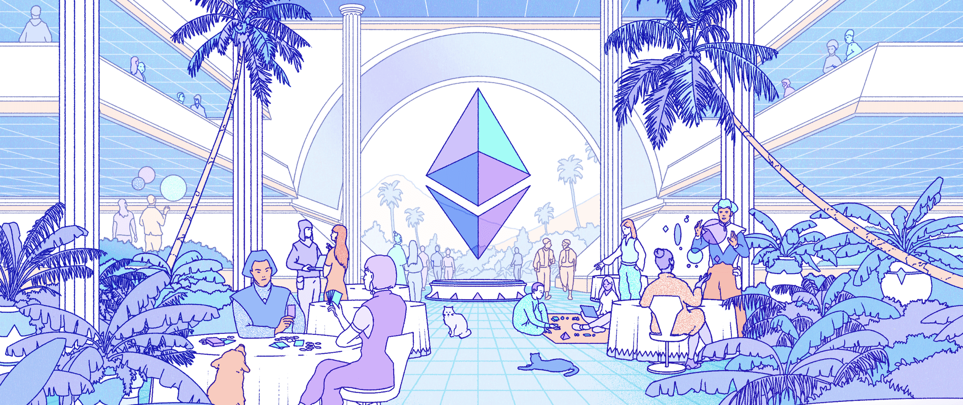 Ilustracija futurističkog grada koja predstavlja ekosistem Ethereum-a.