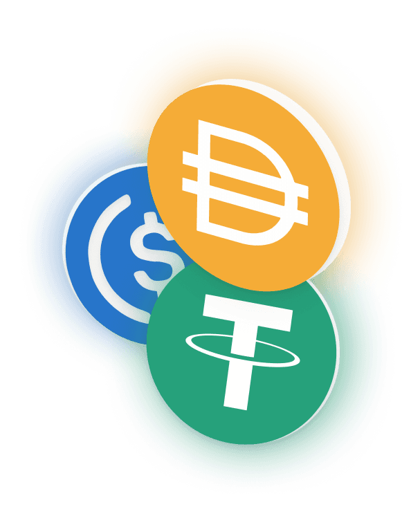 De drie grootste stablecoins per waarde op de exchange: Dai, USDC en Tether.